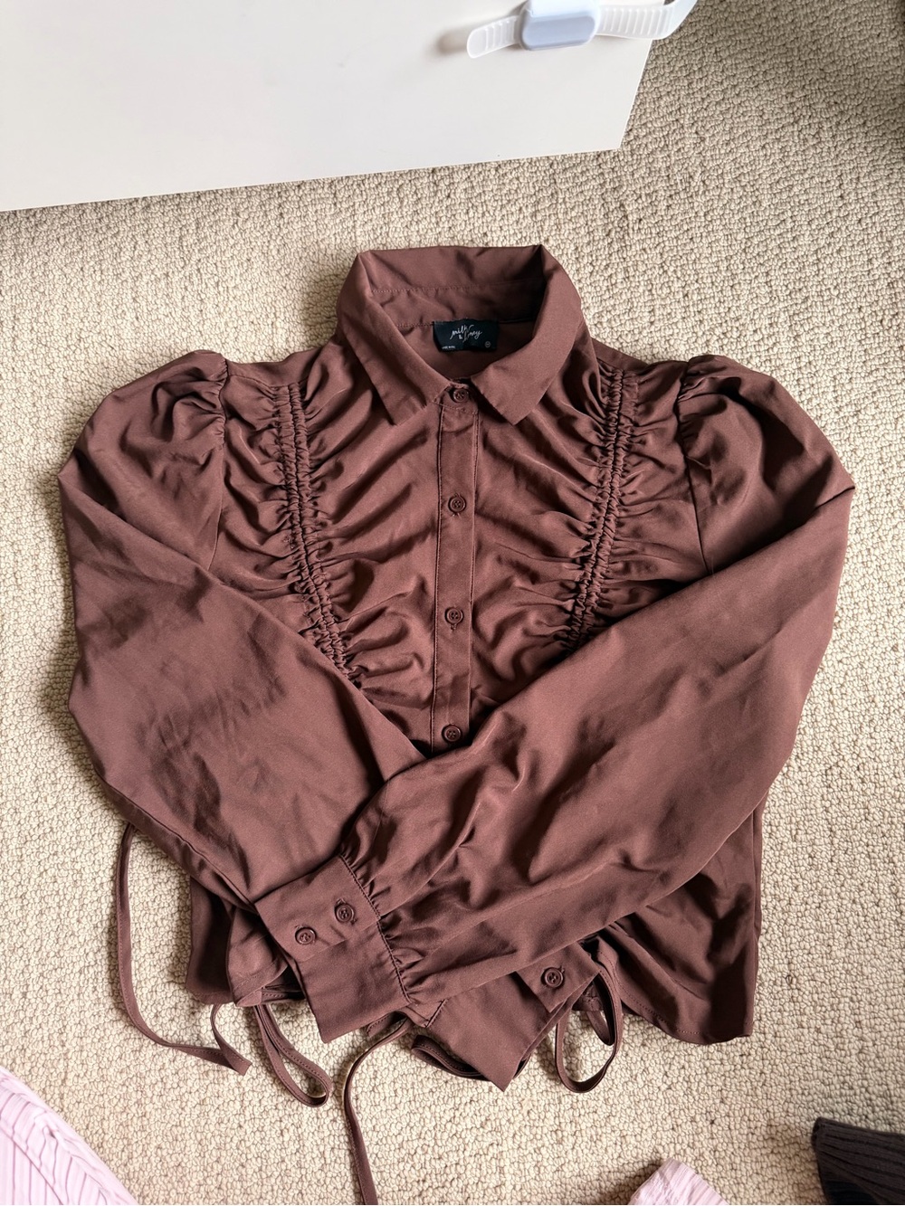 Women’s Brown Ruched Button-Down Shirt with Puff Sleeves